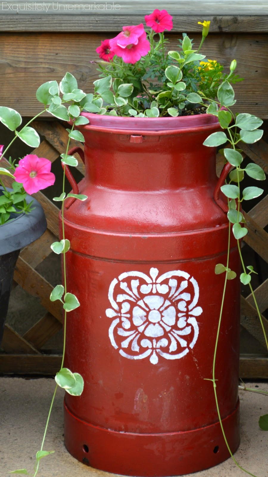Easy To Open Sink Skirt Antique Milk Can Vintage Milk Can Old Milk Cans Milk Jugs Milk Can Decor Painted Milk Cans Garden Fun Garden Planters Planter Ideas Forward decorating using old milk cans.