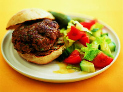 Elvis Burger with Chopped Salad and Pickled Gherkin Elvis Burger with Chopped Salad and Pickled Gherkin