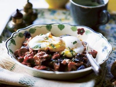 Spicy Eggplant and Tomato with Poached Eggs Spicy Eggplant and Tomato with Poached Eggs