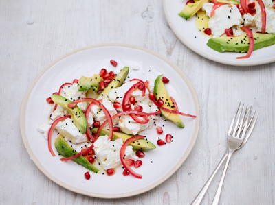 Feta and Avocado Salad with Red Onions, Pomegranate and Nigella Seeds Feta and Avocado Salad with Red Onions, Pomegranate and Nigella Seeds