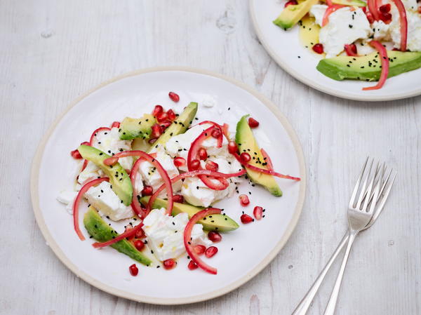 Feta and Avocado Salad with Red Onions, Pomegranate and Nigella Seeds Feta and Avocado Salad with Red Onions, Pomegranate and Nigella Seeds