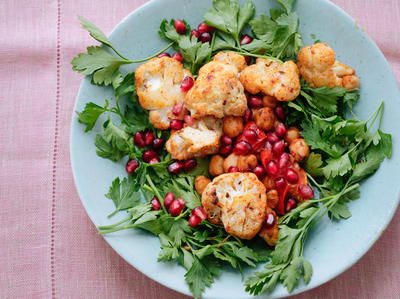 Warm Spiced Cauliflower and Chickpea Salad with Pomegranate Seeds Warm Spiced Cauliflower and Chickpea Salad with Pomegranate Seeds