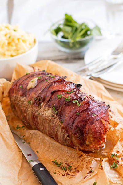 Mozzarella Stuffed Bacon Wrapped Meatloaf | RecipeLion.com