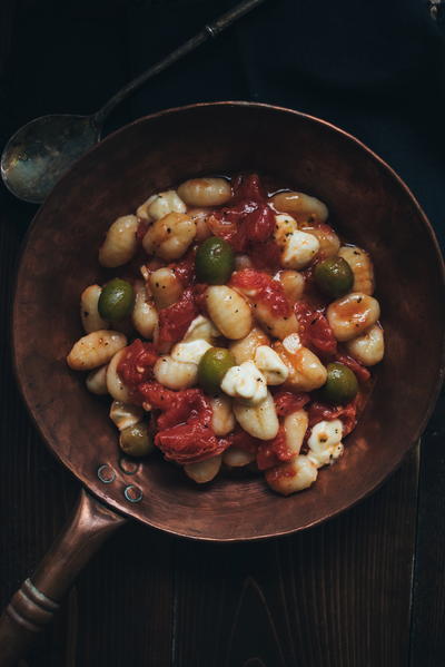 Gnocchi with Fresh Tomatoes Green Olives and Smoked Mozzarella Gnocchi with Fresh Tomatoes Green Olives and Smoked Mozzarella