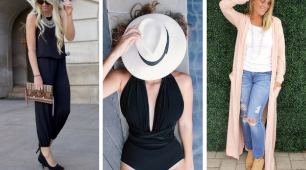 From left to right: 1. Two Yard Jumpsuit, 2. Convertible DIY Bodysuit, 3. Modern DIY Maxi Cardi Women's Clothing Patterns