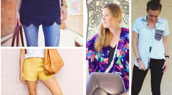 From top left to right: 1. Scalloped Hemline DIY Refashion, 2. One Hour Sophisticated Summer Shorts, 3. One Hour Kimono Wrap, 4. Decorative Patch Sewing Tutorial Trendy Women's Clothing Patterns
