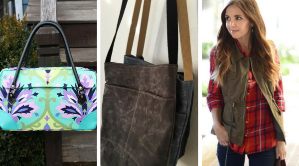 From left to right: 1. Urban Jungle Bag Pattern, 2. The Hedgerow Book-bag Pattern, 3. Fall Jacket to Vest Refashion Trendy Accessory Sewing Patterns