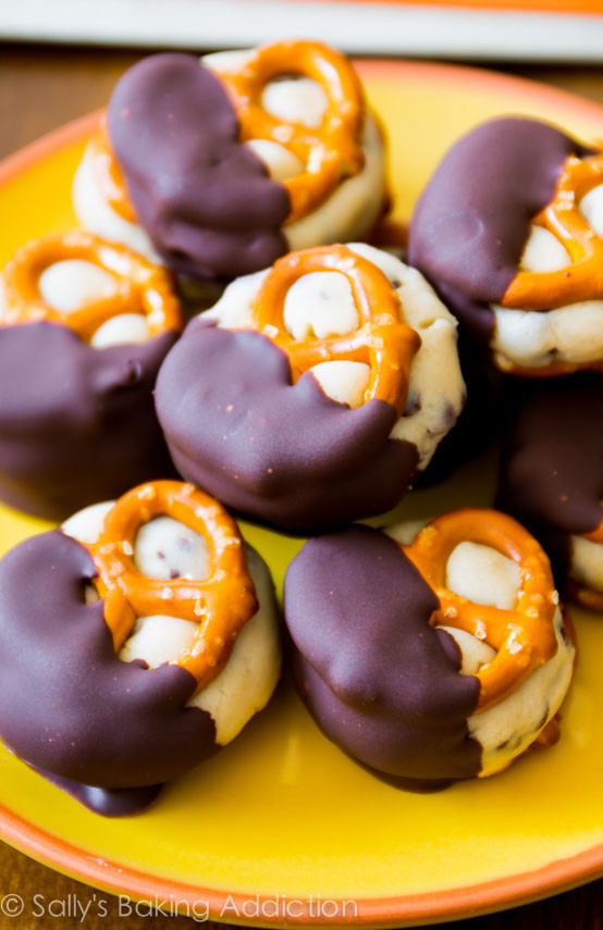 Chocolate-Dipped Cookie Dough Pretzel Bites | TheBestDessertRecipes.com