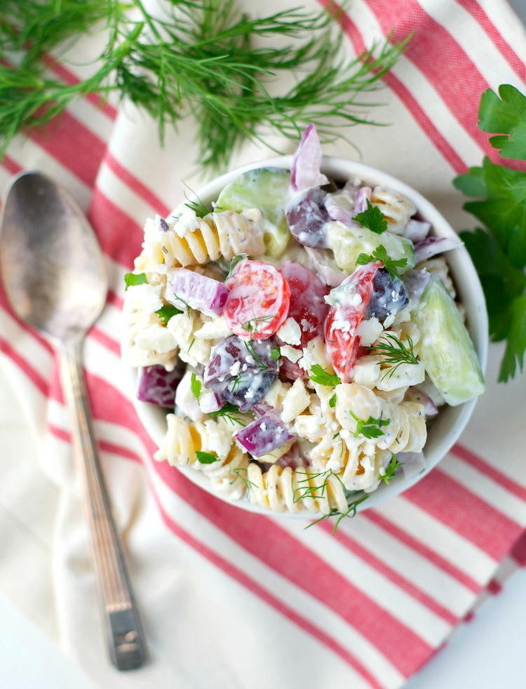 Light and Creamy Greek Pasta Salad | FaveHealthyRecipes.com