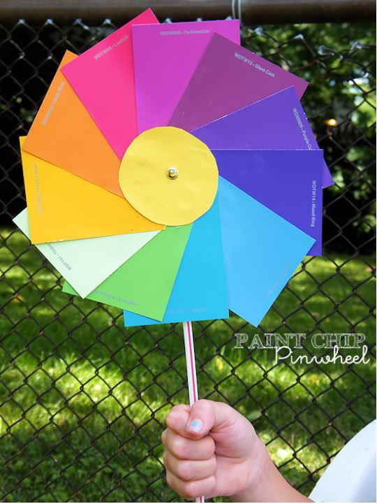 Colorful Paint Chip Pinwheels | AllFreeKidsCrafts.com